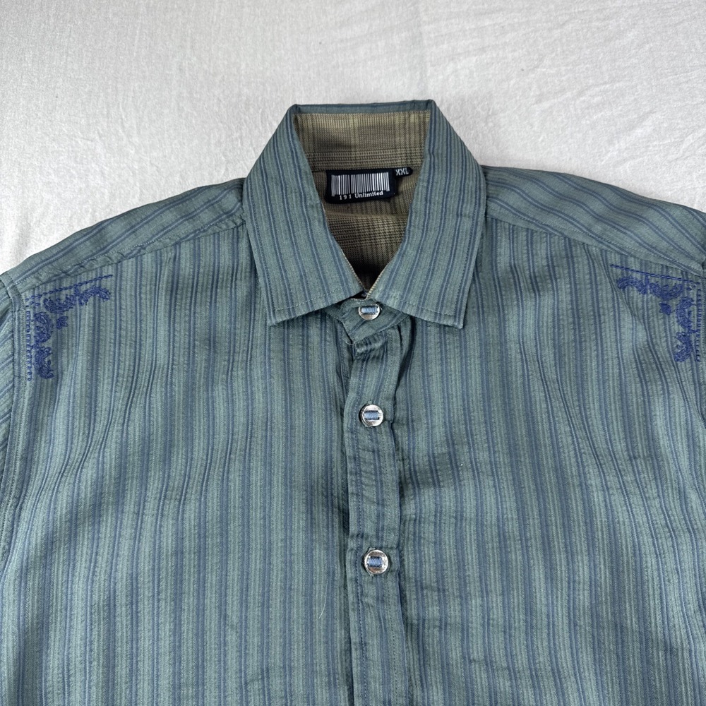 191 Unlimited Shirt Mens XXL Green Blue Striped Yoke Embroidered Long Sleeve Top